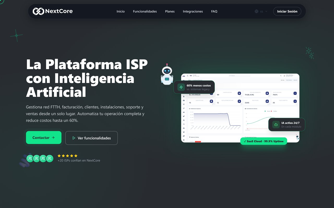 Vista de la página web de NextCore